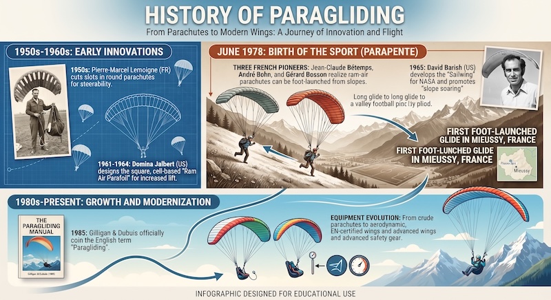 History of Paragliding: From early parachute experiments to modern paragliding innovations.